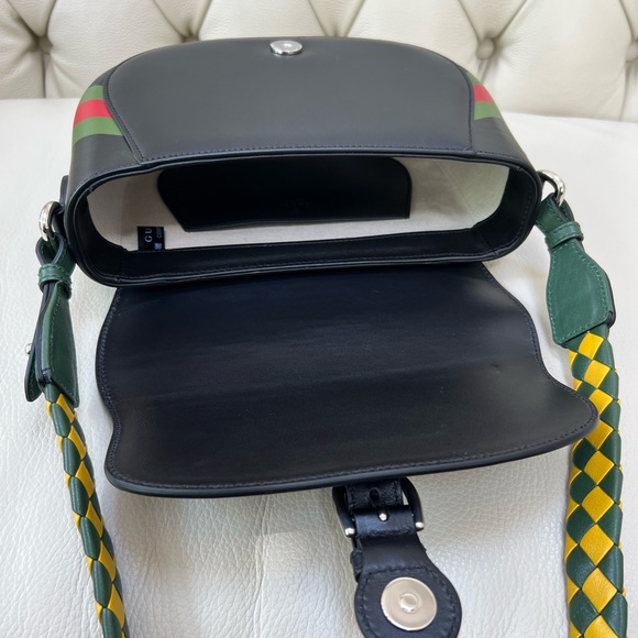 New Gucci Crossbody Embossed Black Leather Braided Yellow Bag Logo - Picture 9 of 11